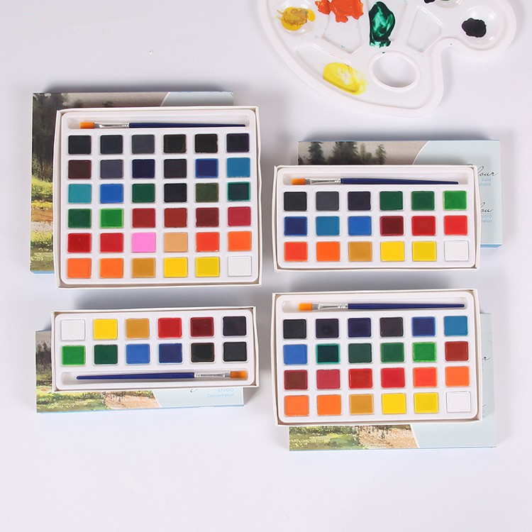 12 18 24 36 Colors Solid Watercolor Paint Set With Brush For Art Painting