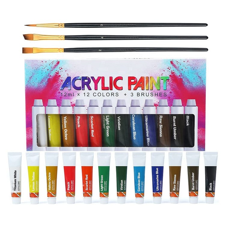 12pc acrylic paint set painting 12colors 12ml acrylic paint tube with 3 brushes for Craft Canvas Rock Art Painting