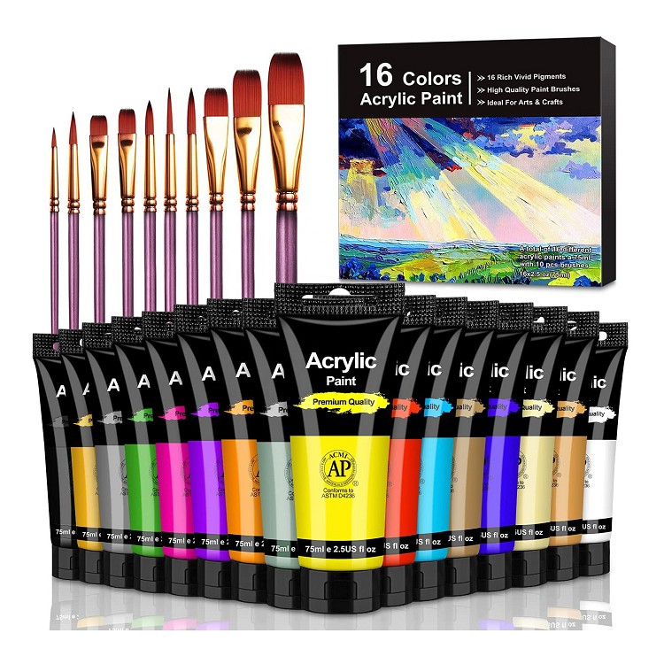 16 tube acrylic paint 75ml acrylic pigment with 10 brushes for professional art