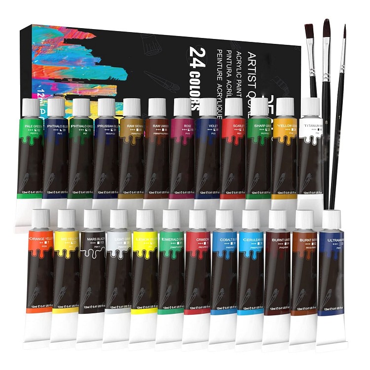 americana acrylic paint wholesale with 3 paint brushes 24 colors 12 ml acrylic paint set