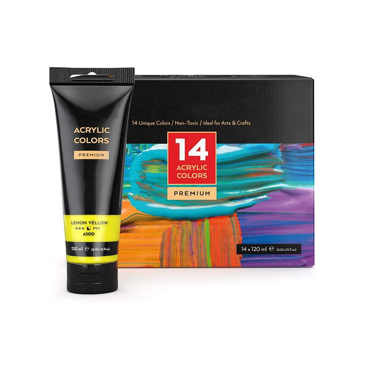 14 colors/pouches (120 ml/4.06 oz.) with storage box, rich pigments art kids acrylic paint set for artist