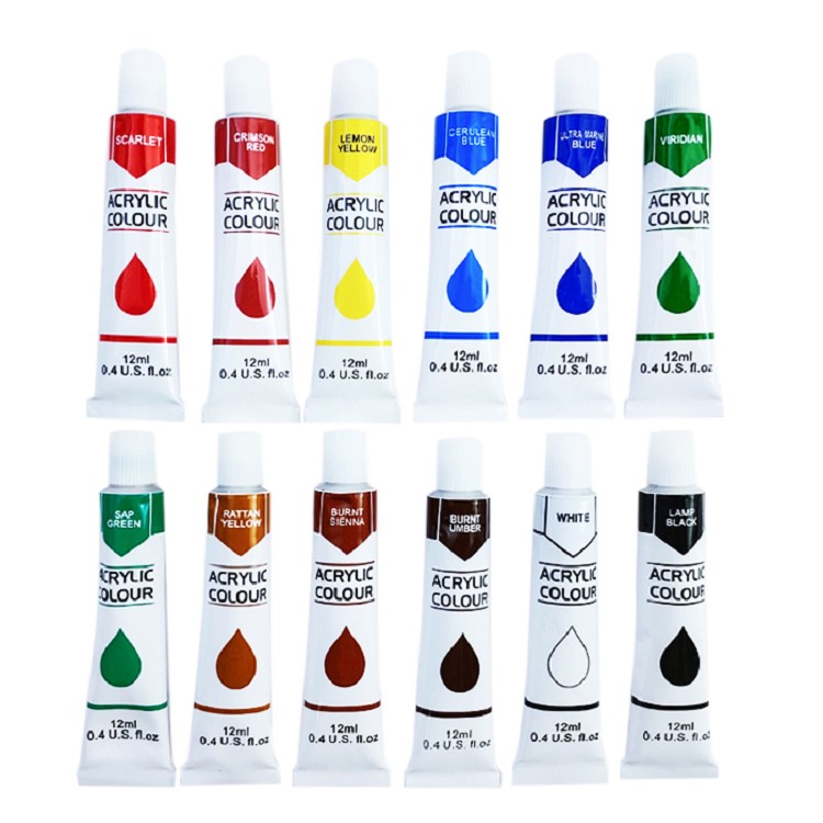 Professional Art Supplies Oil Based 12 Acrylic Paint Colors,12ML Permanent Waterproof Artist Acrylic Paint Brush Set