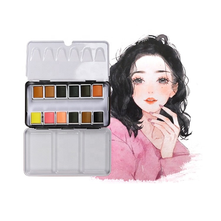 Fast delivery supply 12 colors pocket portable color set mini solid half pan watercolor with tin box
