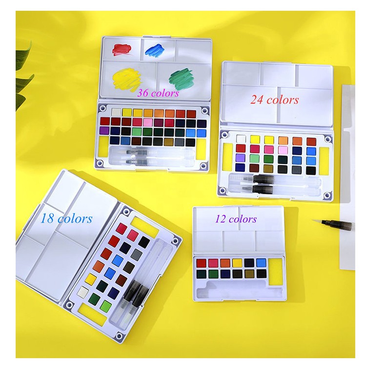 Amazon hot selling 12 18 24 36 colors plastic box pallet pan paint set watercolor