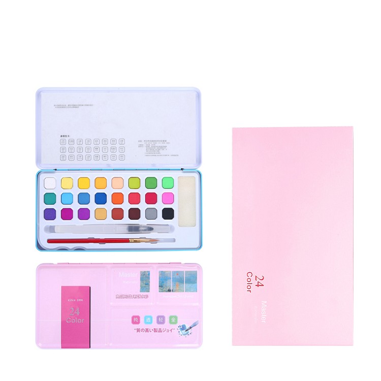 Factory Direct 24 Colors water color paint set cake packaged into black metal box