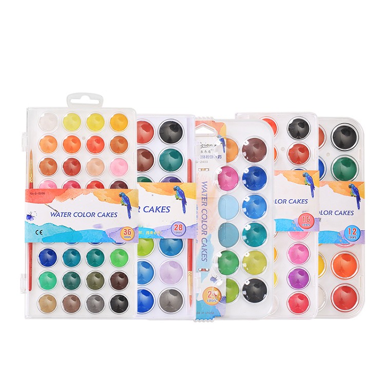 Amazon hot selling 12 16 24 28 36 colors solid water color cake , kids non toxic art watercolor paint set with brush pen