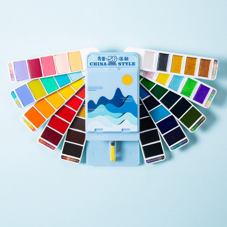 Superior China Style 32/56 Colors Solid Watercolor Paint Set Pocket Travel Bright Color Fan Shape Paint Set With Paint Brush