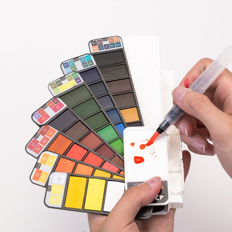 Superior 33 Colors Solid Watercolor Paints Pigment With Water Brush Gift Pen Pocket Travel Fan Shape Solid Watercolor Paint