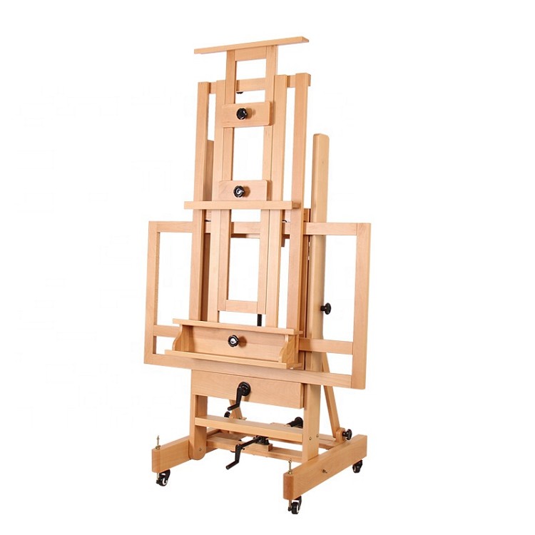 high quality solid beech wood portable wooden artist sliding easel with casters and double rocker