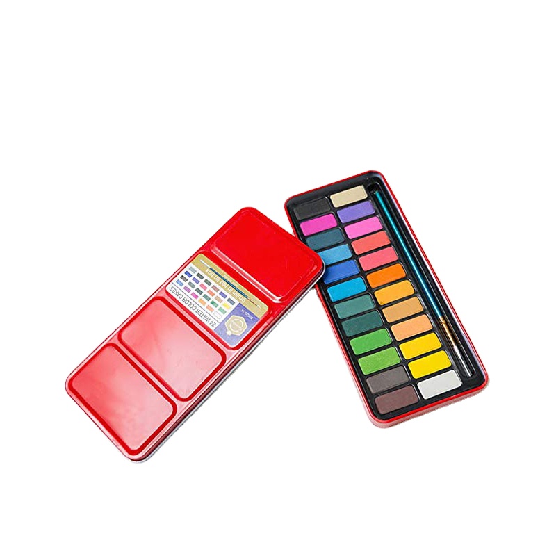 Autumn Water 24 Colors Portable Solid Watercolor Set Solid Water Color Paints Set with Paint Brush Iron Box for Drawing Painting
