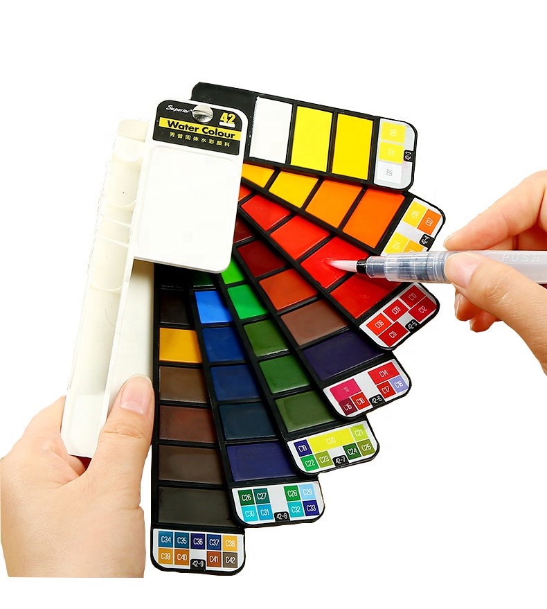 Professional 42 Colors Foldable Solid Watercolor Artist Paint Set With Water Brushes Sponges For Drawing Design