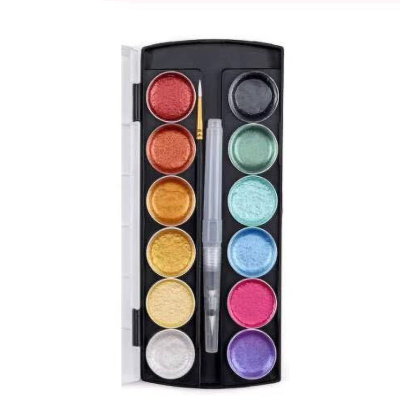 Amazon Hot 12 Color Artist Metallic Watercolor Paint Set With Water Brush Pen for Painting Glitter Water Colour Pearlescent