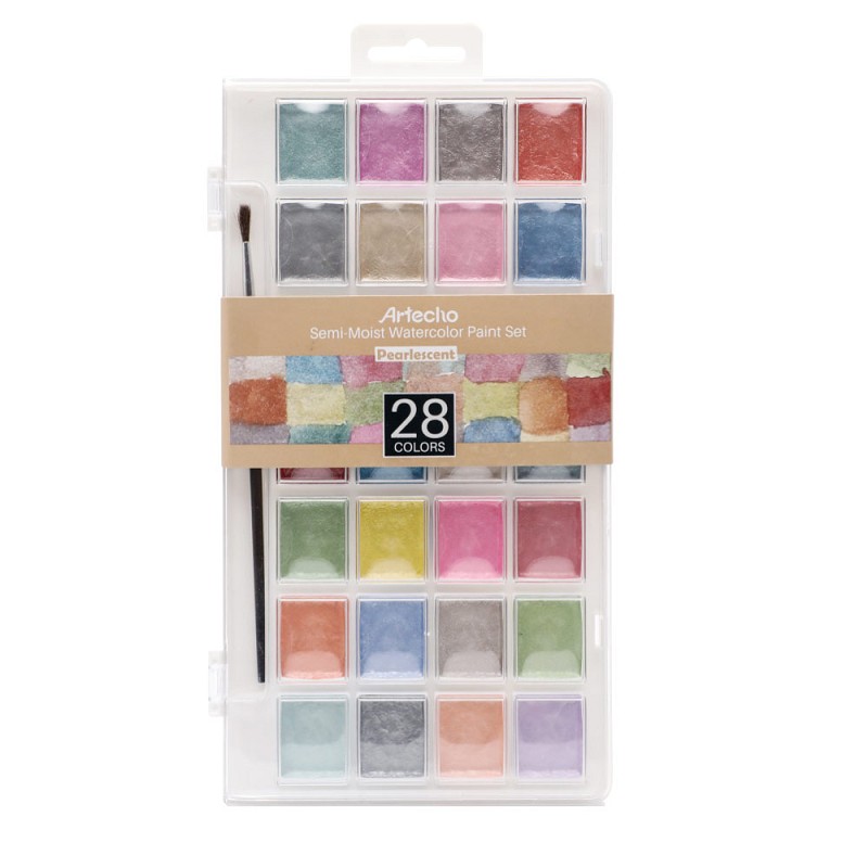 watercolour Semi-Moist Paint Set, 28 Metallic Colors Watercolor Cake Set with Classic Paint Brush, Idea for Kids