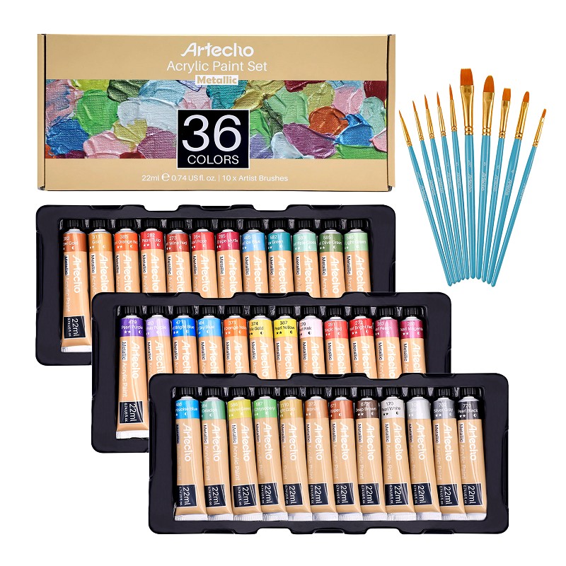 Acrylic Paint Set of 36 Colors, 22ml / 0.74oz Metallic Paint Kit with 10pcs Brushes Supplies for Canvas