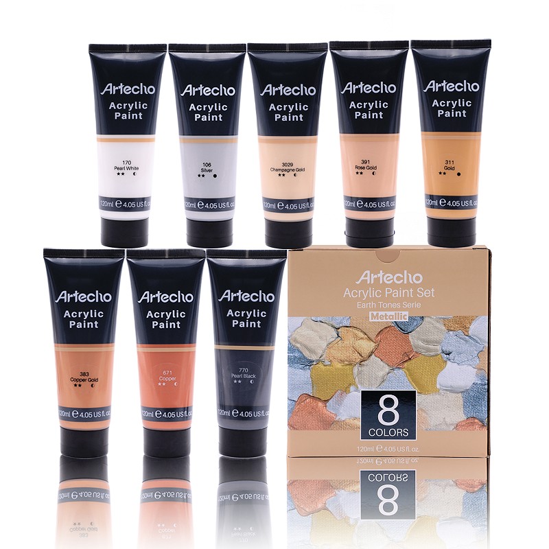 Acrylic Paint Set of 8 Metallic Colors, 120ml / 4.05 oz Acrylic Paint Supplies for Wood, Fabric, Shoe, Rock, Crafts