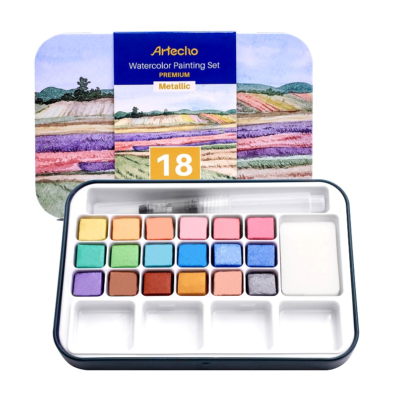 watercolour paint set with 18 Metallic Colors, Including Water Brush Pen, Sponge and blank color chart in watercolor paint