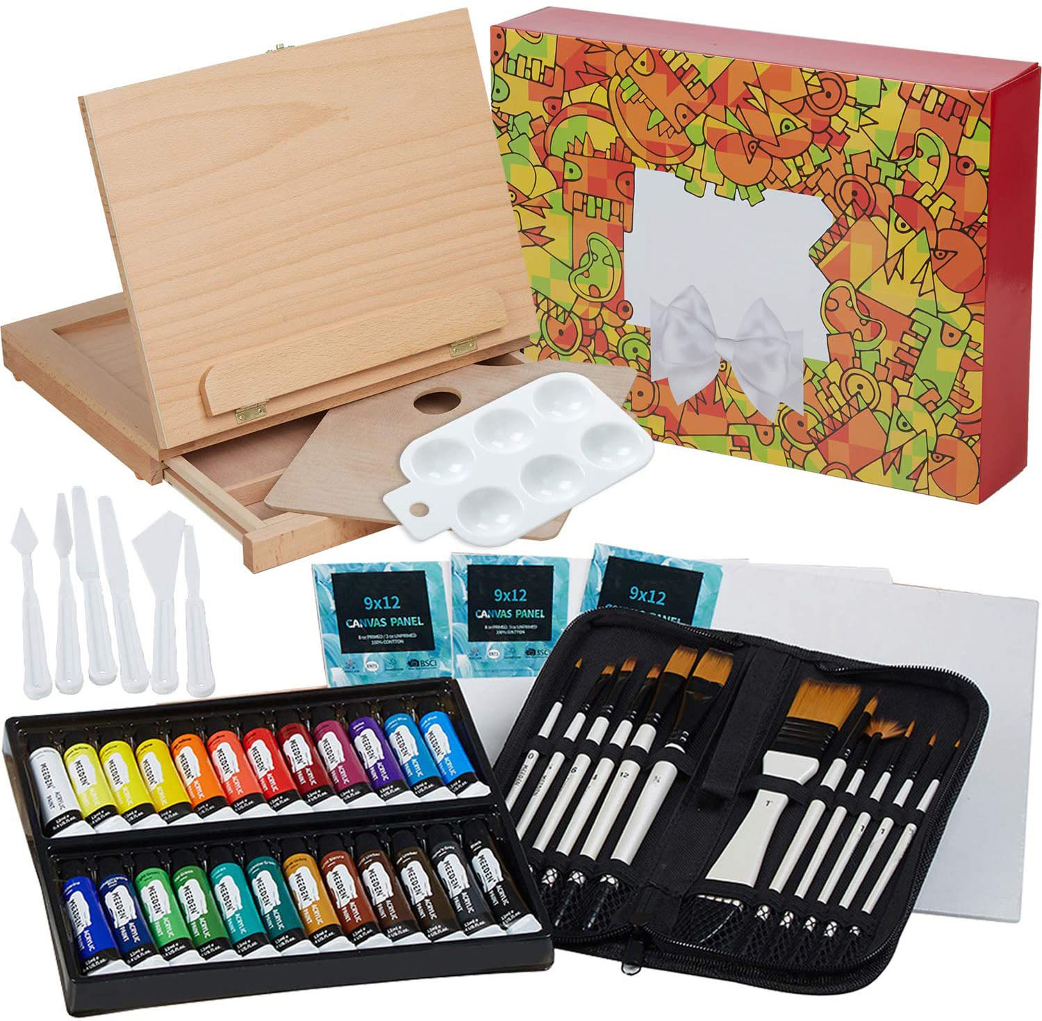 46 Pcs Easel Painting Set With Acrylic Paints Set Canvas Panels Brushes Set Wood Palette