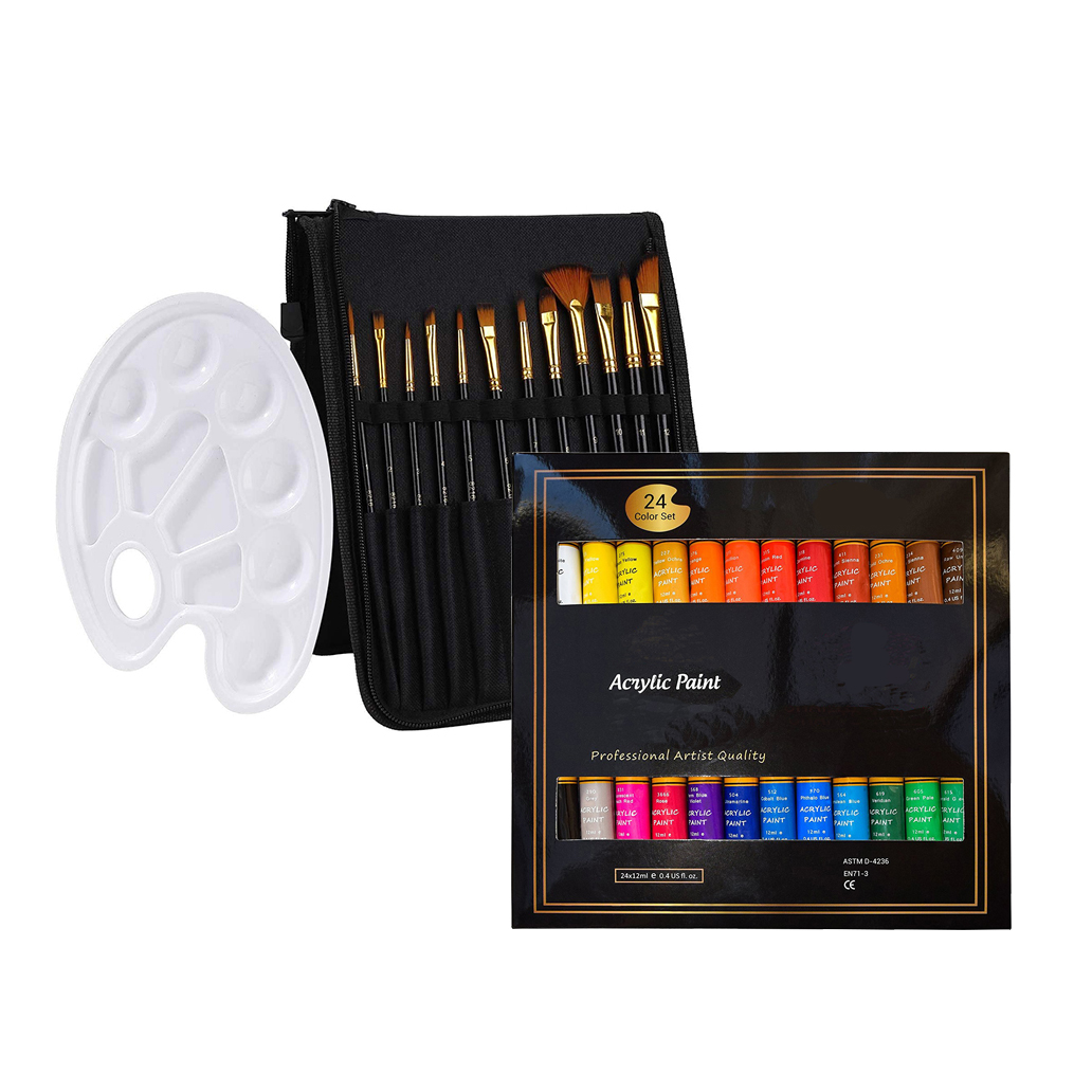 24 Colors Acrylic Paint 12 Pcs Artist Brushes Acrylic Paint Brush Set For Painting