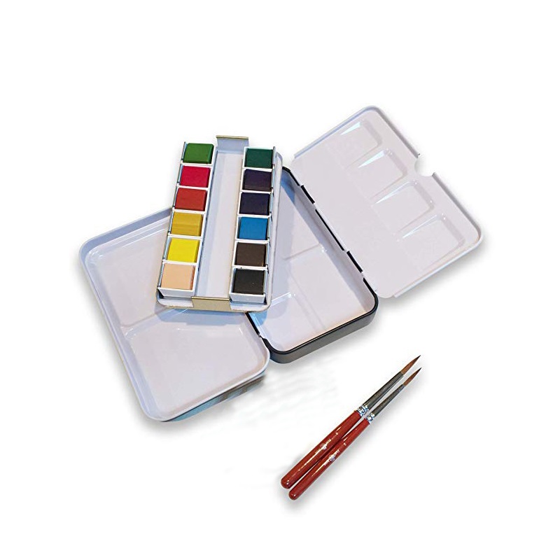 Travel Brush Pallet Cup & 12 Vibrant Colors Very Easy to Mix Watercolor Paint Kit