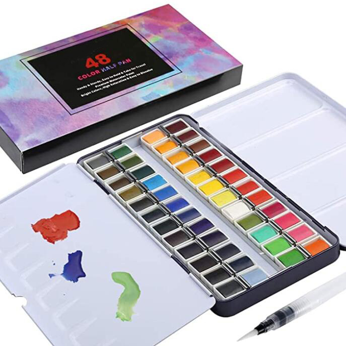 48 Vibrant Colors Watercolor Travel Pan Sets Solid Watercolor with Watercolor Tin Palette,Paint Brush Non-Toxic for Artist