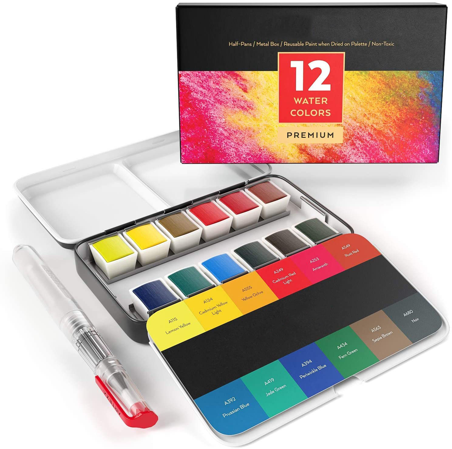 Art Artist Watercolor Paint Solid Cakes Travel Pocket Set Watercolor Painting Water Brush with Metal Box Case
