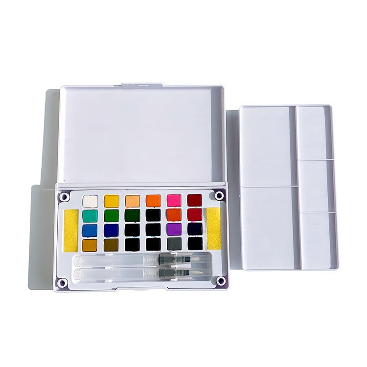 Watercolor Solid Pigment Paint Set 24 Colors with a Separate Palette and Two Water Painting Brush for Art Drawing