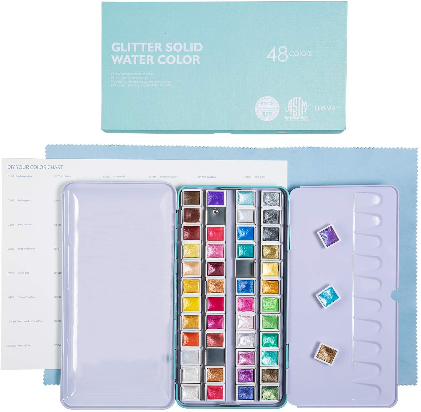 2022 New 48 Colors Glitter Solid Watercolour Solid Paint Box Metallic Watercolor Paints Set With Gift Box For Artists,Student