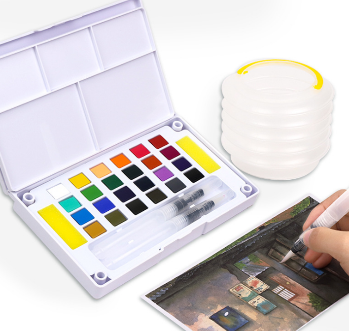 Watercolor paint set 24 solid colors travel pocket set with 2 watercolor brush pens 2 mix palette for watercolor paintings