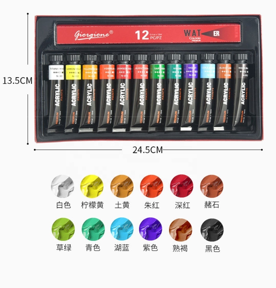 Promotional 12 colors 12ml Non-toxic Outdoor Artist Waterproof Acrylic Paint with Al tube for art supplies