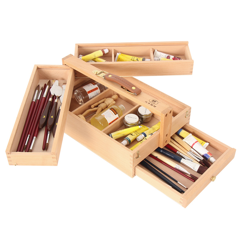Multi-Purpose Wooden Art Box 3 Layers of Storage for Organizing Art Features a Leather Carry Handle for Easy Transport