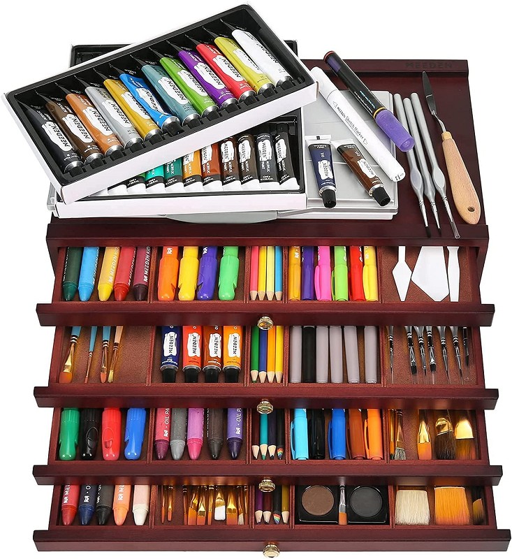  4-drawer Wood Artist Supply Storage Box, Portable Beech wood Multifunctional Pencil Brush Organizer Wood Box with Drawer
