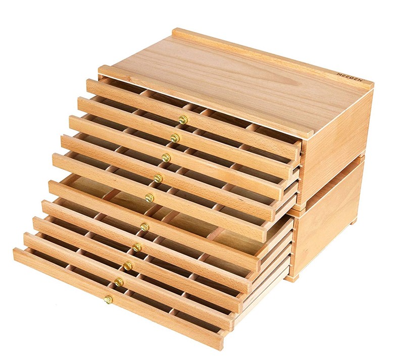 10-Drawer Artist Supply Storage Box - Large Capacity Multi-Function Beech-Wood Pencil Box with Drawer & Compartments