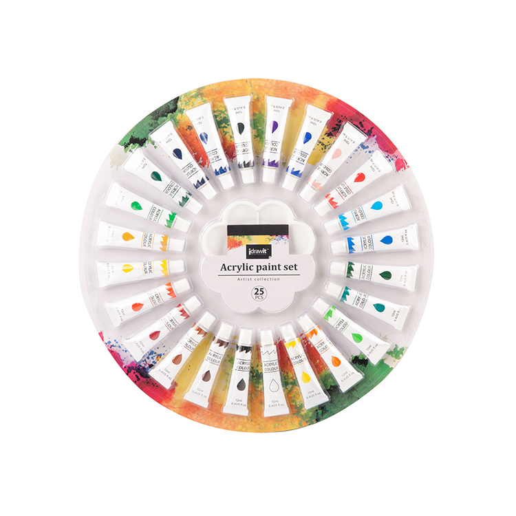 Wholesale Customized 25x12ml Low Price Acrylic Color Paint Aluminum Tube Artist Set with A Plastic Palette