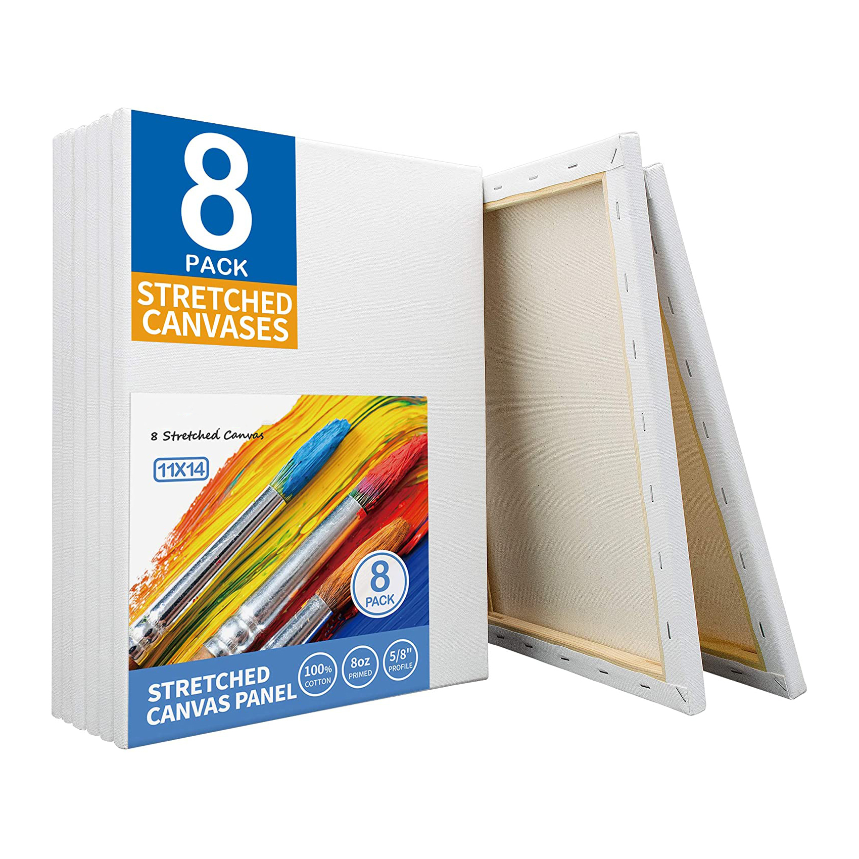 Stretched White Blank Canvas 11x14 Inch 8 Pack Primed 100% Cotton for Acrylic Oil Painting