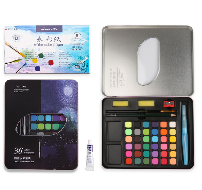 36 colors solid paint cake set, Available DIY drawing stationery set for kids watercolor painting set metal box