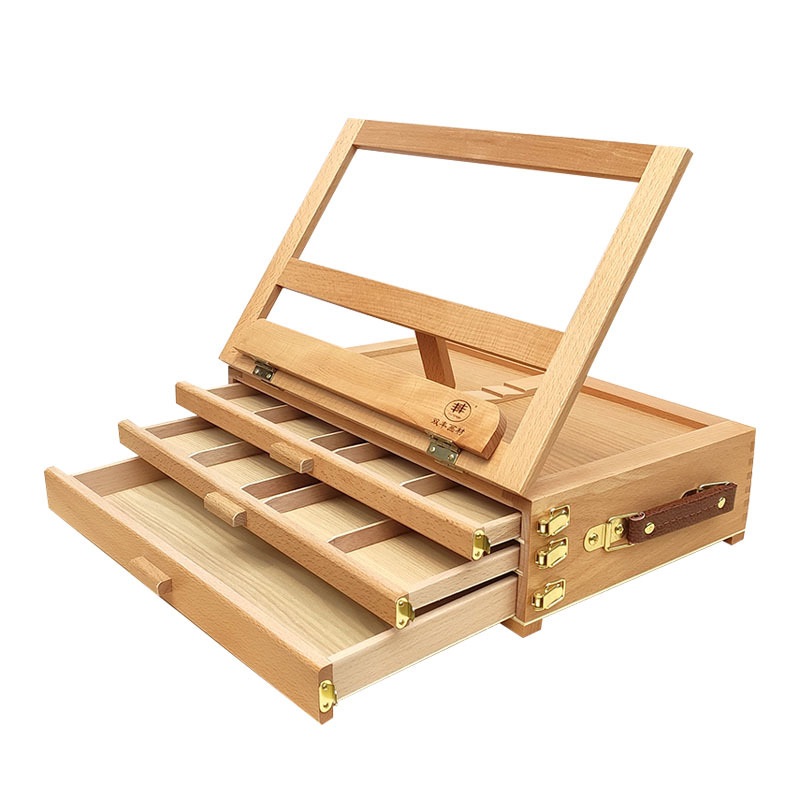 Personalized Artist Polished Foldable Decoration Display Natural Wooden Desktop Easel With Three Layers Drawer