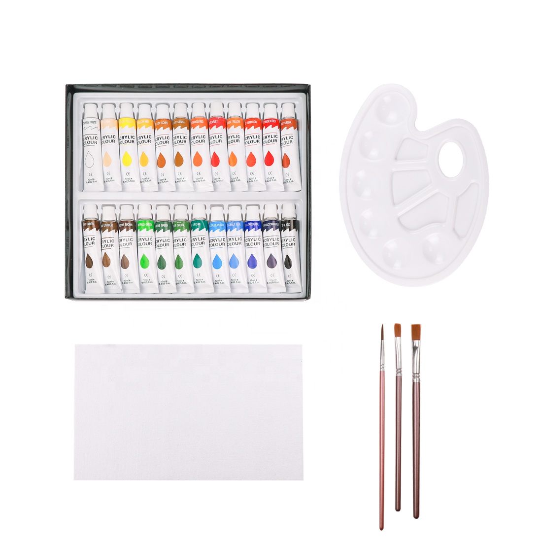 24 Colors Acrylic Paints Set Include 3 Brushes 1 Palette & 1 Canvas for Fabrics Painting Clothing Pigments Non-toxic Paints 12ml