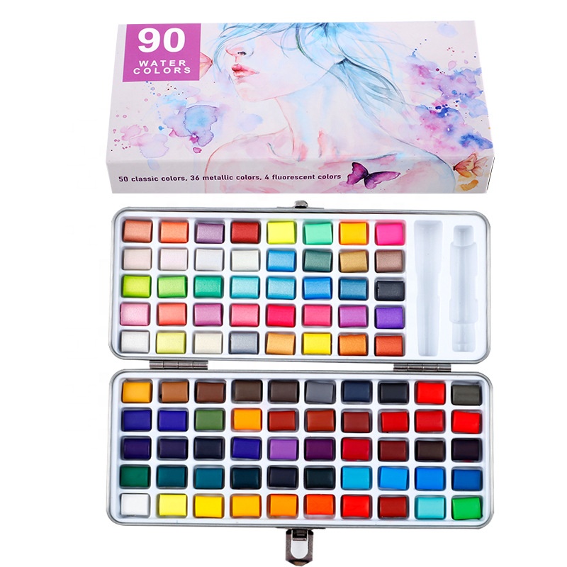 90 Colors Watercolor Paint Solid Glitter Metallic Watercolor Set Box Gouache Pigment Drawing Painting Art Supplies