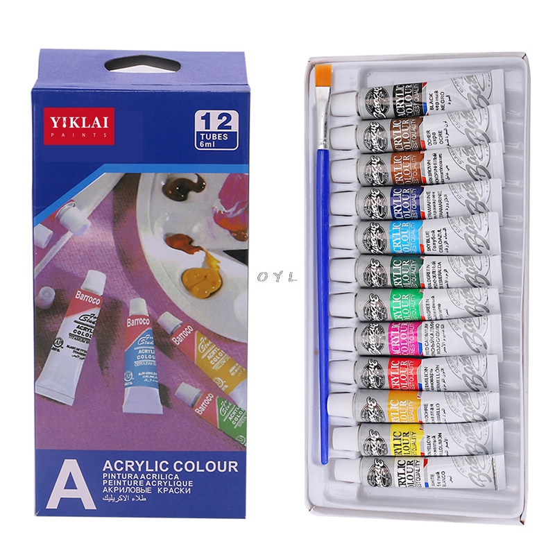 6 ML 12 Color Professional Acrylic Paint Watercolor Set Hand Wall Painting Brush