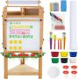 Kids Art wooden Easel Tri-sided Toddler Easel w/Blackboard, Whiteboard& Chalkboard,1 Paper Roll Art Supplies 86 in 1