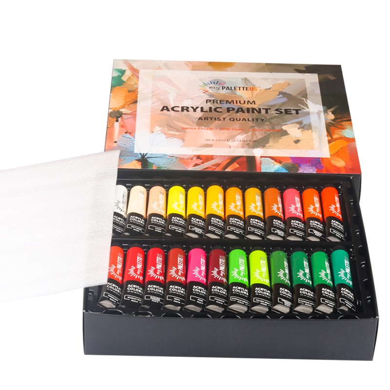 Hot Sale 48 Colors Artist Acrylic Paint Set In Coloring Paper Box With 6 Brushes And 1 Palette
