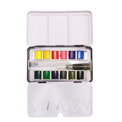 12 Assorted Vibrant Colors Watercolor Paint in Half Pans Tin Box with Water Brush Pen for Artists and Beginners