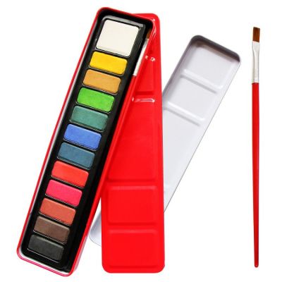 Creative Portable Children Red Iron Box Watercolor Paint 12 Colors Solid Watercolor Powder Cake Paint For Painting