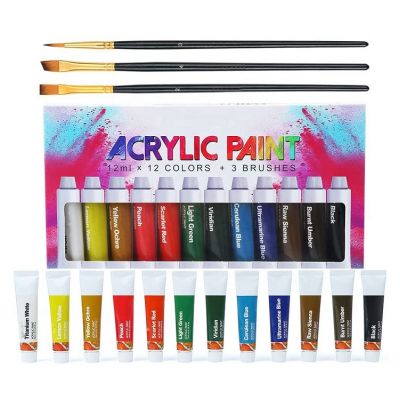 12pc acrylic paint set painting 12colors 12ml acrylic paint tube with 3 brushes for Craft Canvas Rock Art Painting
