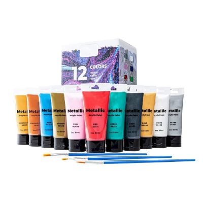 12 colours for painting metallic acrylic paint with 3 brushes for wood, canvas acrylic fabric paint