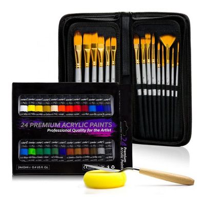 non toxic acrylic paint set 12ml 24 colors paint with 15pcs brush in canvas bag for art
