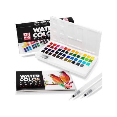 professional 48color artist watercolor paint set with 2 brush pens, palette and 20sheets watercolor pape