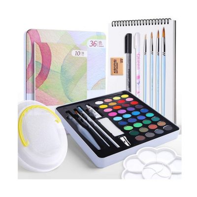 36 colors watercolor paint set with 6 Brushes,Palette,10 pcs Paper,Folding Bucket and More professional watercolors for art