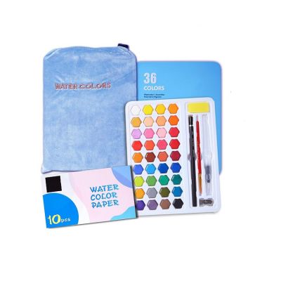 36colors ner design watercolor paint set in metal box with 1 water brush pen, 1 pencil, pouch