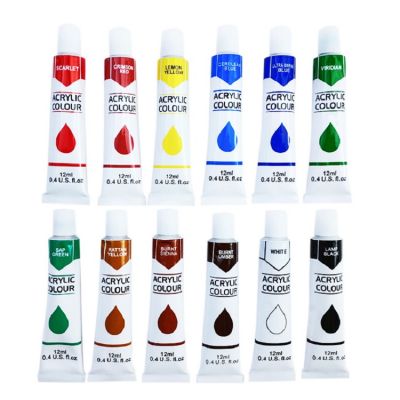 Professional Art Supplies Oil Based 12 Acrylic Paint Colors,12ML Permanent Waterproof Artist Acrylic Paint Brush Set